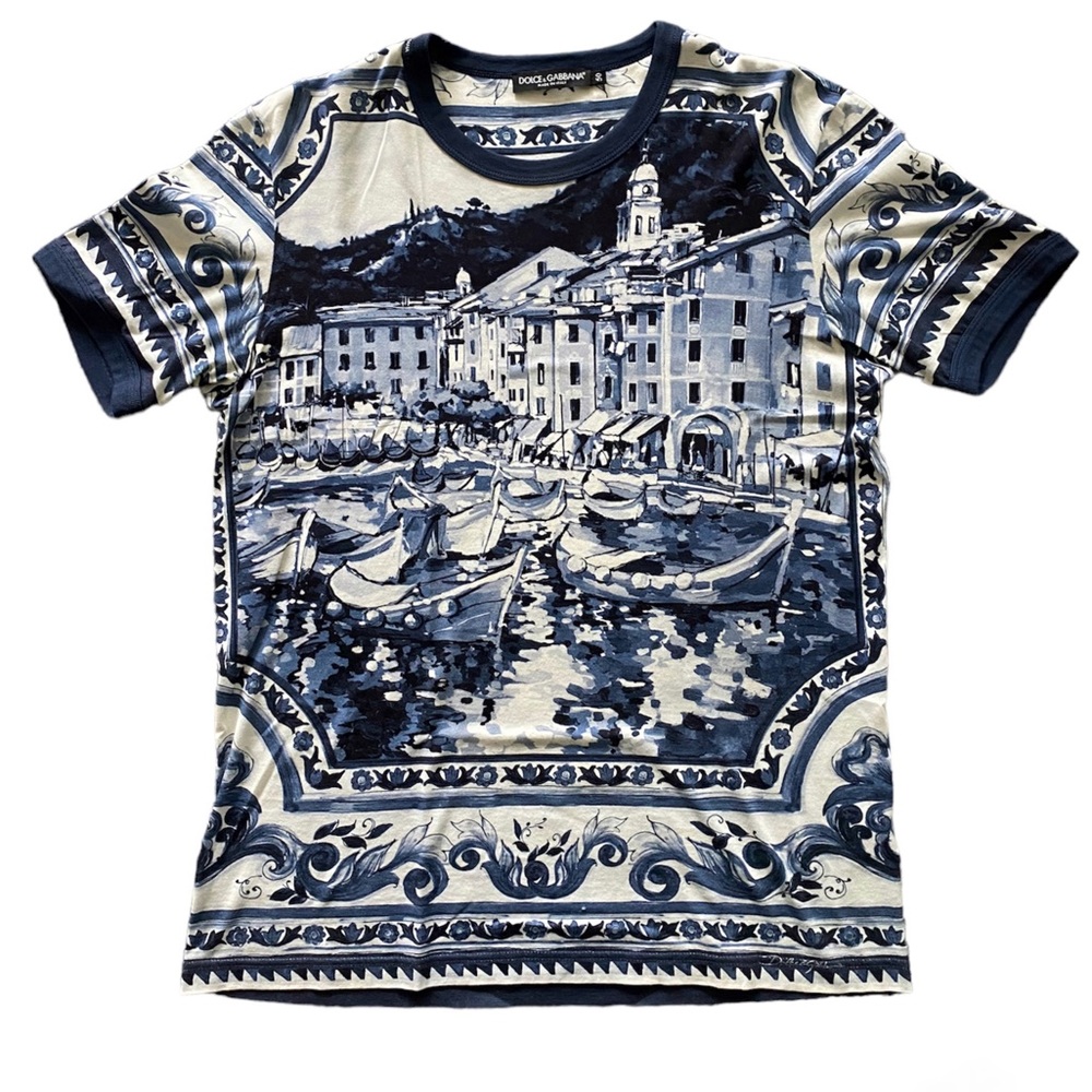 Dolce & Gabbana White and Blue Ceramic Printed Crew Neck T-Shirt M (IT 50), M28